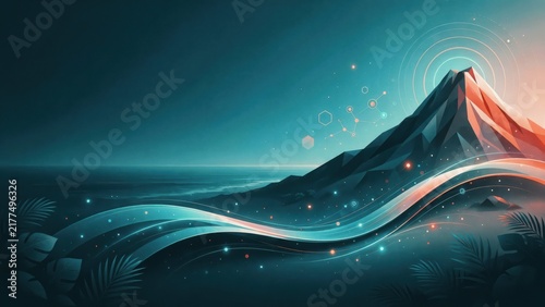 Futuristic mountain landscape with glowing abstract waves and digital network connections over ocean