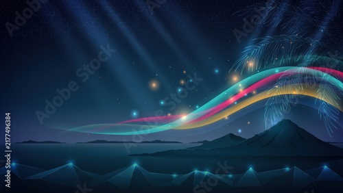 Futuristic night landscape with vibrant light trails and fireworks over mountains and water for