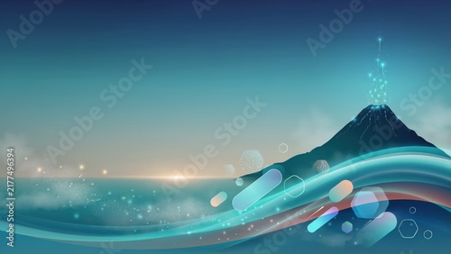 Futuristic ocean landscape featuring a stylized digital volcano emitting light and dynamic glowing data streams over water