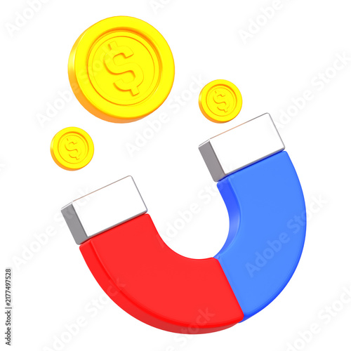 Quadro su tela Horseshoe magnet attracting gold dollar coins representing financial wealth gene