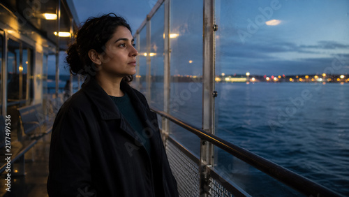 Calm thoughtful woman standing on ferry deck looking at sea and city lights at dusk. Concept of onlooker, looking away, dusk portrait, ocean view, contemplation, passenger, boat deck. Copy space.
