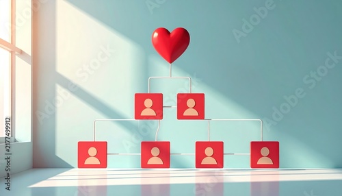 Organizational chart with a heart icon representing love and care in corporate management.