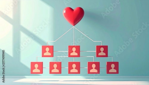 A conceptual organizational chart featuring a heart symbol connected to human figures.