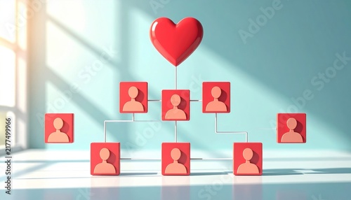 Organizational chart showing a hierarchy of people connected to a central heart symbol.