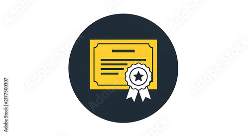 Yellow certificate with a blue ribbon and star, in a dark circle, symbolizing achievement, award, recognition, and excellence