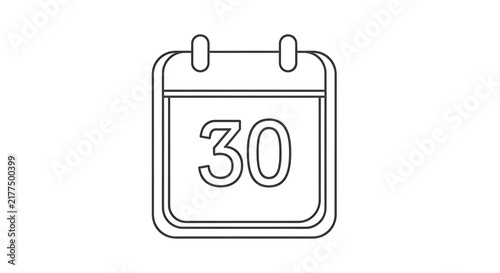 Simple outline icon of a calendar with the number 30, representing a date, appointment, schedule, or deadline in a clean, minimalist design