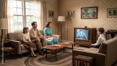 american 1950s family in living room watching black and white television