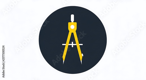 Yellow drawing compass in a dark circle, representing geometry, measurement, navigation, and architectural design in a simple, professional style
