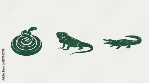 Green silhouette set depicting detailed snake iguana and alligator reptiles designed as clean flat vector graphic icons for professional projects