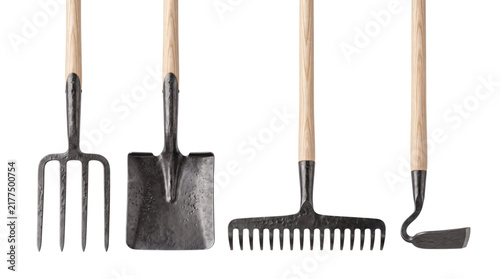 Fotografie Four metal garden tools with wooden handles png on isolated transparent backgrou
