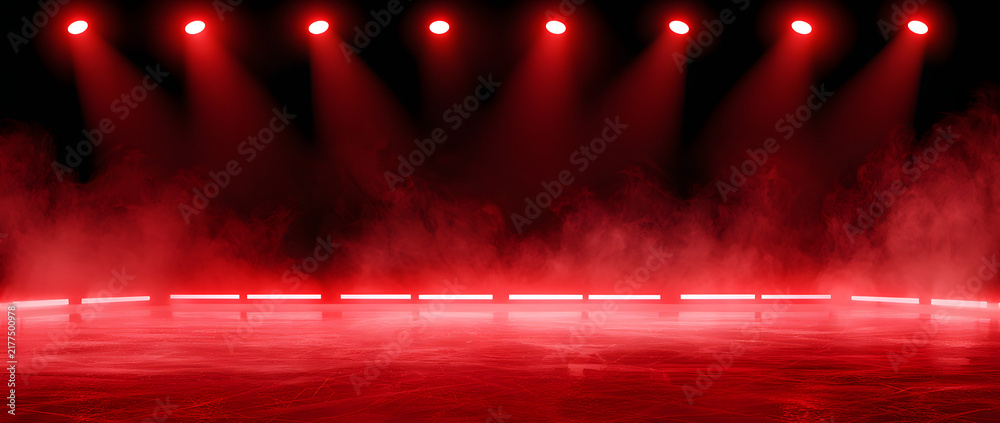 Obraz premium This red ice rink backdrop includes neon red lights, spotlights, and smoke. Perfect for hockey competitions and winter-themed posters