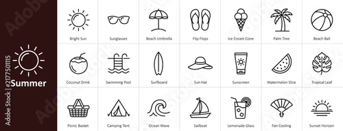Summer minimalist outline vector icon set illustrating vacation, beach holiday, tropical travel accessories, ocean activities, and seasonal leisure for commercial web and app interface