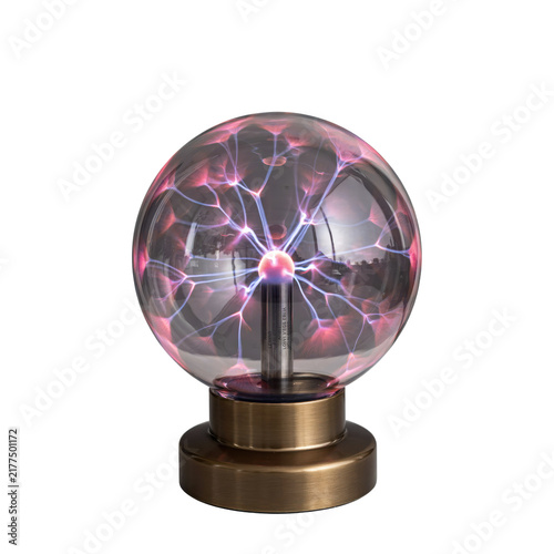 Plasma ball lamp with glowing purple and pink electric arcs inside a glass sphere on a bronze metallic base isolated on a transparent background