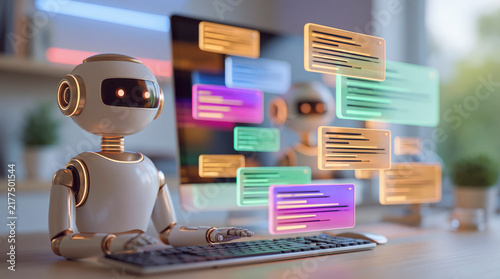 Holographic Messages Over Desk With Friendly Robot Using Keyboard In Office