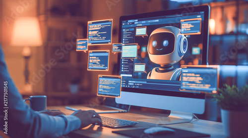 Robot Assistant Working With Coding Screens On Monitors In Cozy Office Lighting