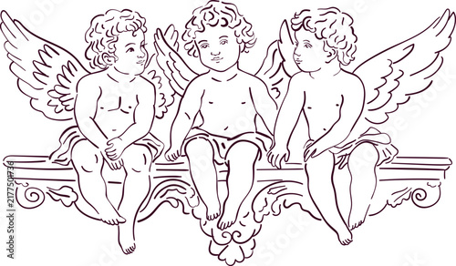 Hand drawn vintage cupid set with romantic love hearts and elegant bows. 