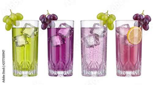 Four tall glasses of colorful fruit drinks with png on isolated transparent background