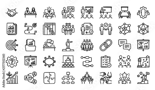 Business Cooperation Partnership Briefing Planning and Communication Monoline Icons