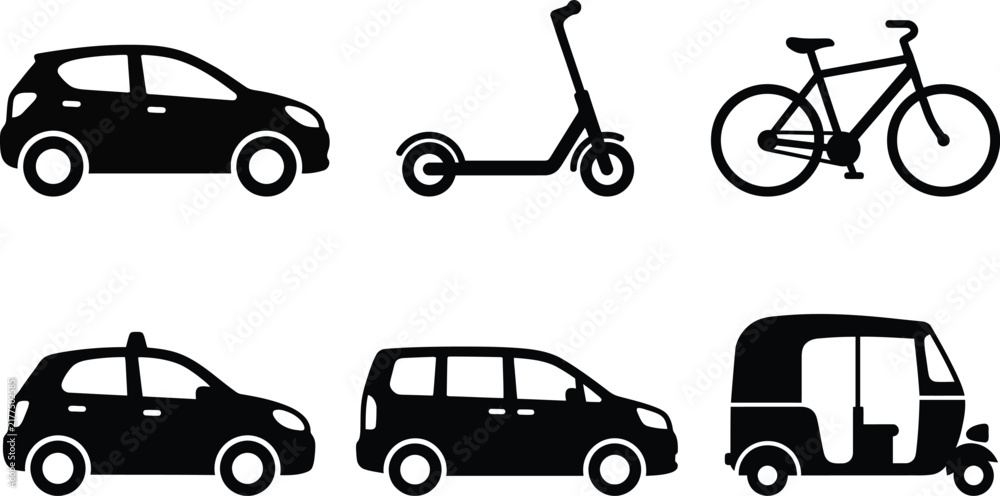 Fototapeta premium Set of various urban transportation vehicle silhouettes including cars scooter bicycle and rickshaw