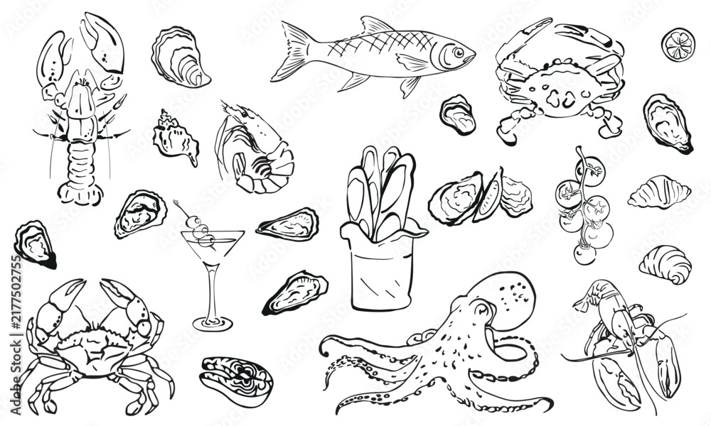 Obraz premium Set of seafood and fish vector illustrations in linear style