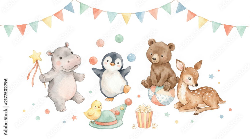 Fototapeta premium Cute watercolor safari animals with penguin, hippo, bear, and deer under generated using ai