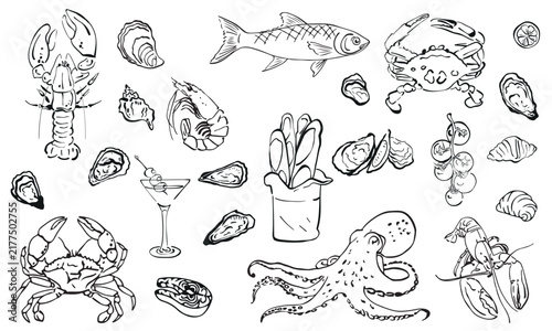 Set of seafood and fish vector illustrations in linear style