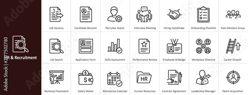 Human resources and job recruitment outline icon set for talent acquisition candidate resume interview meeting hiring handshake onboarding checklist salary wallet and employee assessment