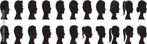 People side view profile silhouette head avatar man woman hairstyle vector set
