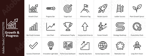 Business growth and personal development outline icon set for upward trend bar graph milestone achievement career ladder rocket launch roadmap and success trophy
