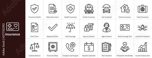 Insurance and risk coverage outline icon set for life health car home travel insurance policy claim form medical card accident protection and emergency support