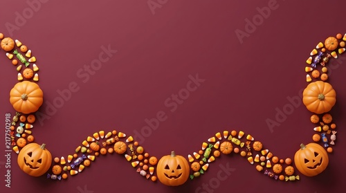 Festive halloween garland made of tiny pumpkins and autumn leaves arranged on a deep burgundy background