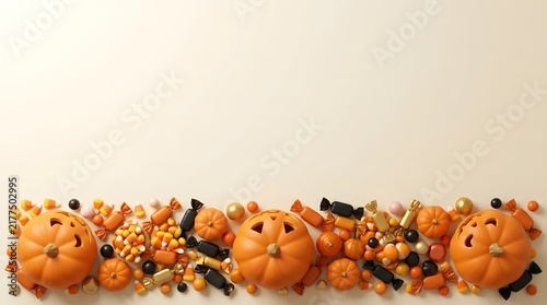 Festive halloween background with carved pumpkins and assorted candies arranged along the bottom edge with copy space