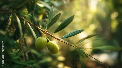 Fresh olive on a slender branch, captured in high focus with a gentle blurred garden environment and softly diffused lighting for a natural serene appearance