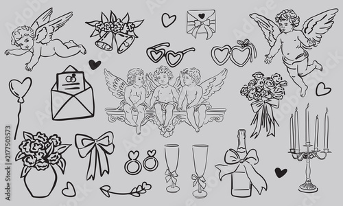 A collection of romantic wedding illustrations in a line-art style, perfect for date invitations, menus, wedding stationery, and sophisticated branding projects.