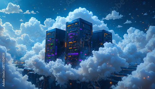 Plakat Data center server racks floating in clouds representing cloud computing and digital storage.