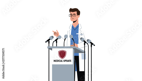 Medical professional giving press conference update behind podium with multiple microphones on white background.