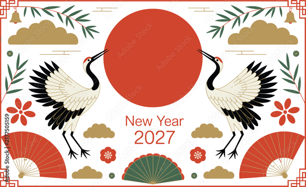 Obraz premium Crane bird oriental composition with red sun and folding fans for greeting card design