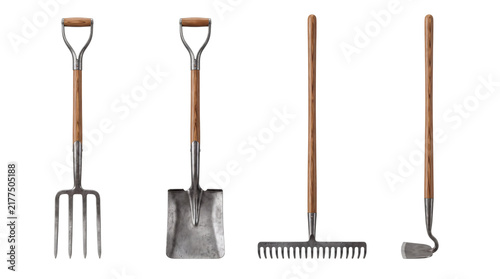 Foto Set of four gardening tools with wooden handles png on isolated transparent back