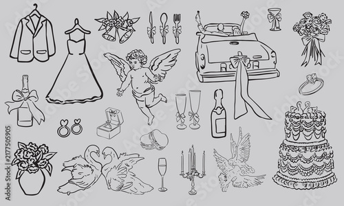 A collection of romantic wedding illustrations in a line-art style, perfect for date invitations, menus, wedding stationery, and sophisticated branding projects.