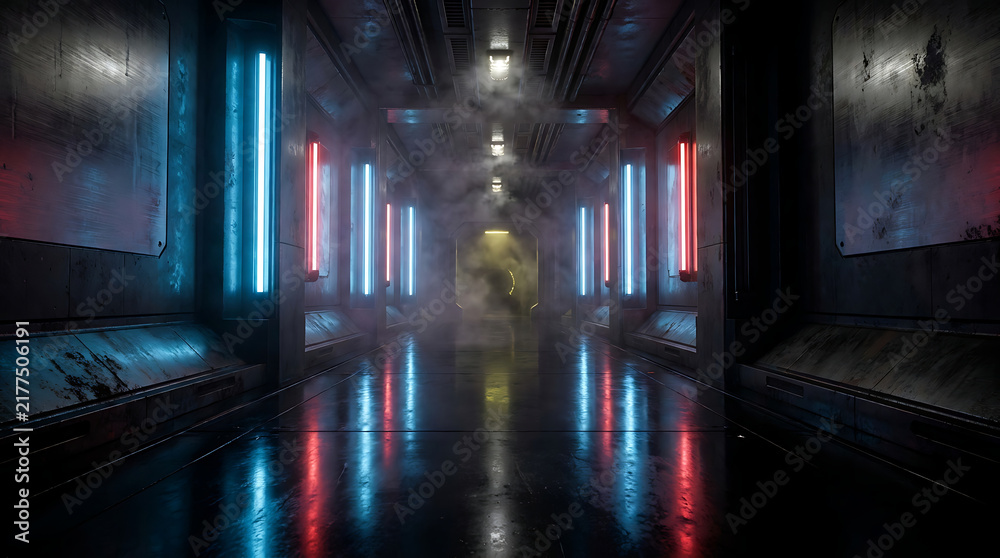 Fototapeta premium Futuristic scifi corridor with glowing blue and red neon lights, metallic walls, and atmospheric smoke in a dark industrial space, 3d render