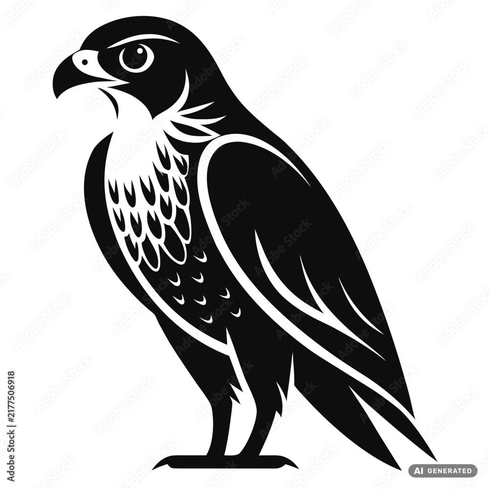 Fototapeta premium Peregrine falcon bird silhouette in black and white, detailed feathers and sharp beak, isolated on a white background
