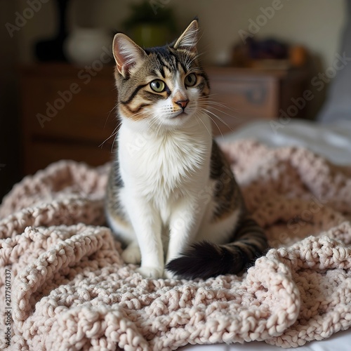 A cute cat sitting on a warm crocheted blanket.