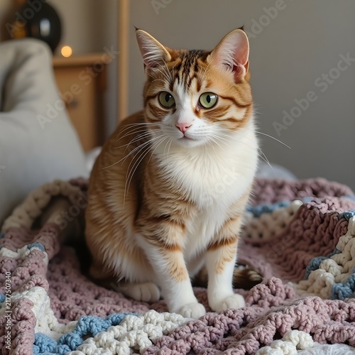 A cute cat sitting on a warm crocheted blanket.
