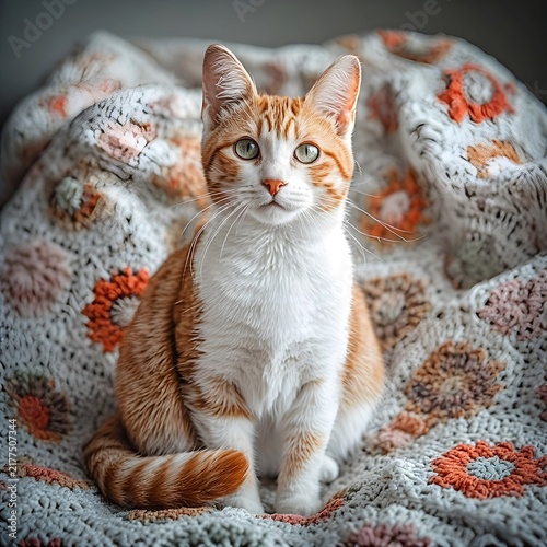 A cute cat sitting on a warm crocheted blanket.