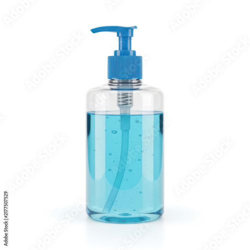 Clear plastic bottle with blue hand soap pump dispenser for personal hygiene