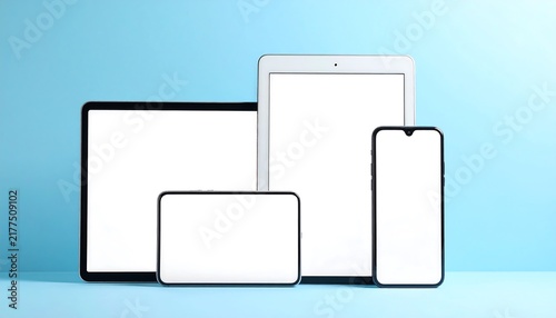 Blank Screens Device Mockup on Light Pastel Blue Background, Modern Technology Display, Digital Interface and Responsive Design Concept