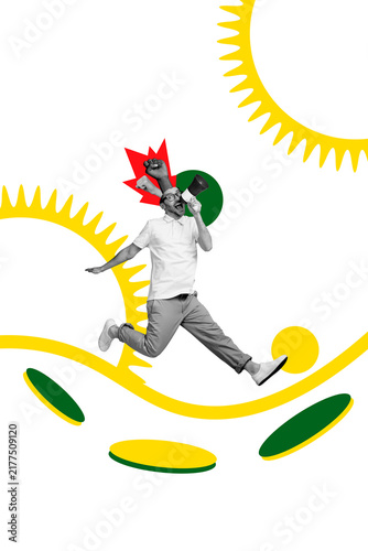 Fotografie Vertical photo collage of happy guy run hands fist power vote agitation strike a