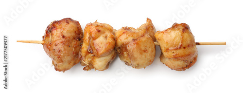 Fotografie Delicious shish kebabs isolated on white, top view
