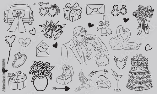 A collection of romantic wedding illustrations in a line-art style, perfect for date invitations, menus, wedding stationery, and sophisticated branding projects.