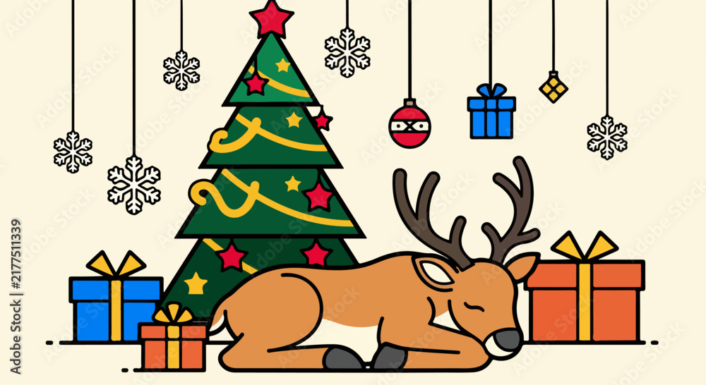 Fototapeta premium A cute cartoon reindeer sleeping peacefully under a decorated Christmas tree.